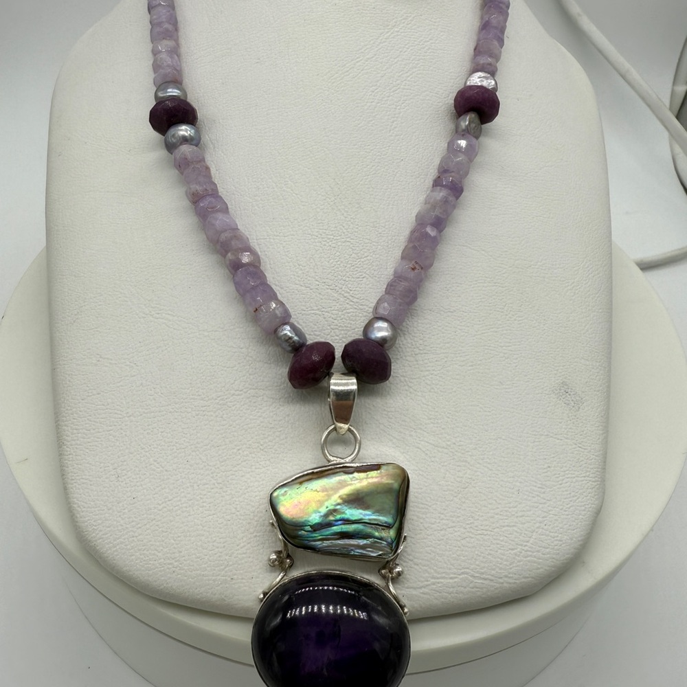 Abalone Lavender Amethyst Pendant Necklace. Pearls and Sterling Silver Necklace.